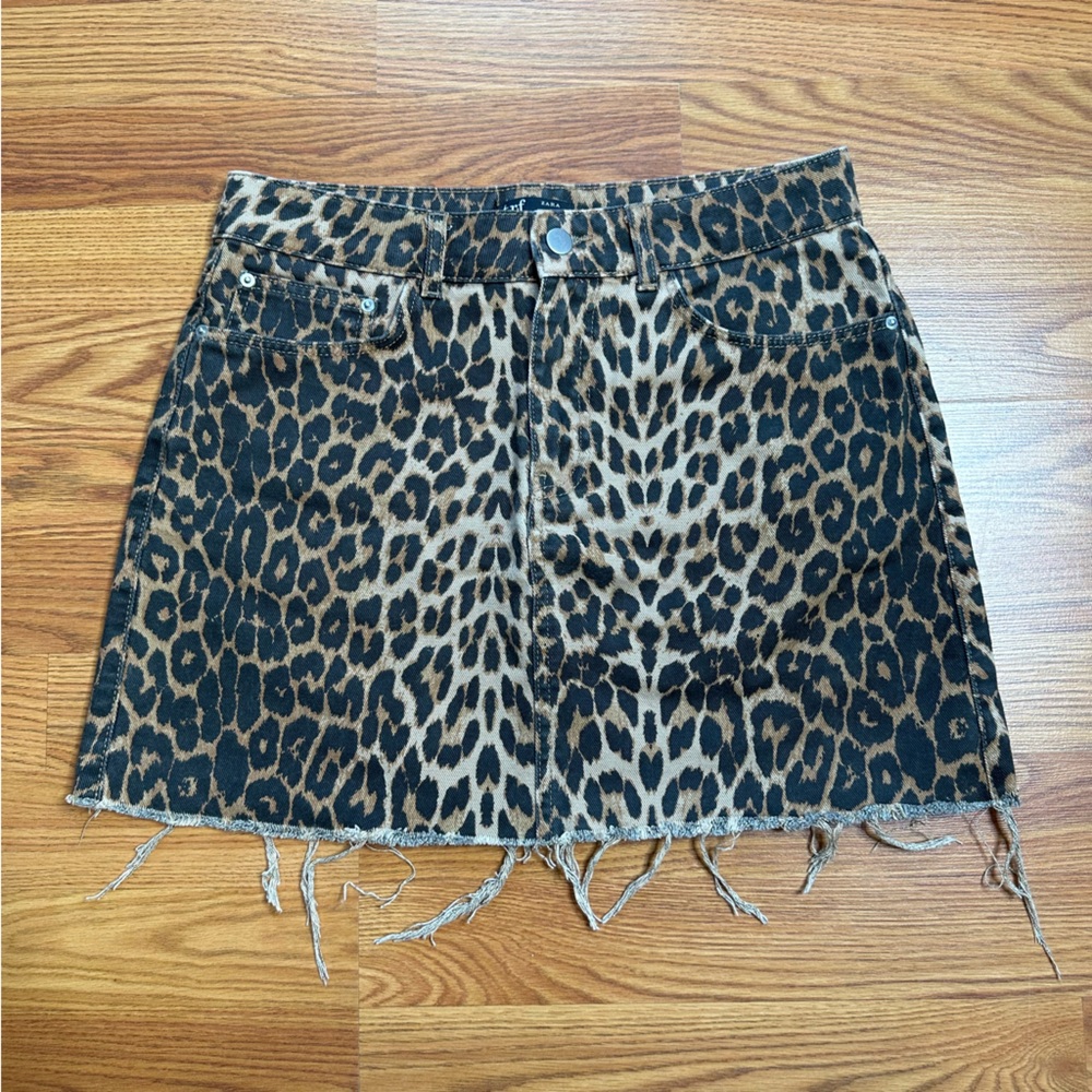 Zara Leopard Denim Mini Skirt Large